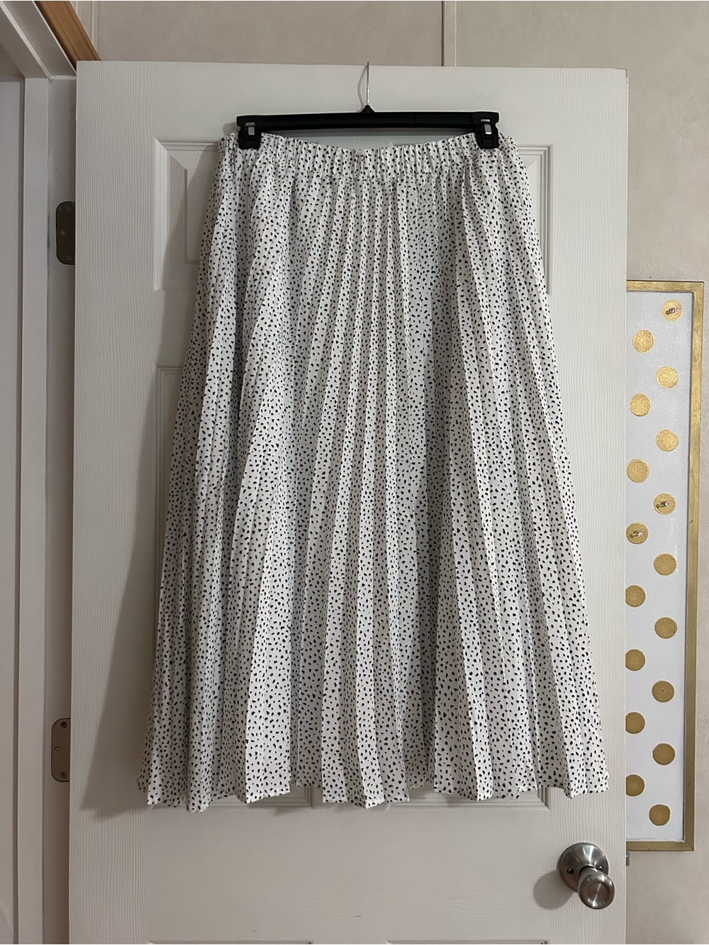 White Pleated Midi Skirt with Black Polka Dots